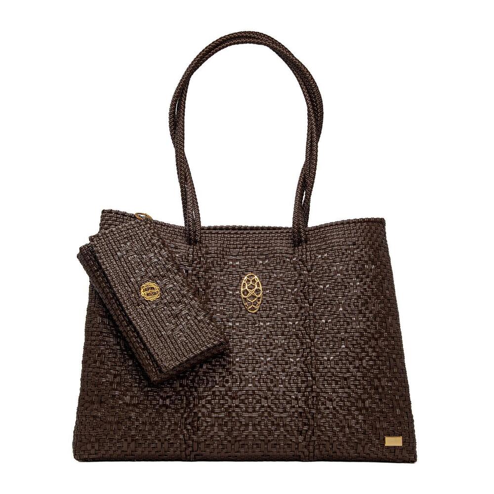 NEW LOLA'S BAG women's travel woven tote bag with clutch in brown